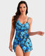 Tummy Control V Neck Twist Knot Tropical Skirted Swimdress