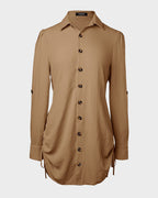 Long Sleeve Button Down Drawstring Shirt Dress