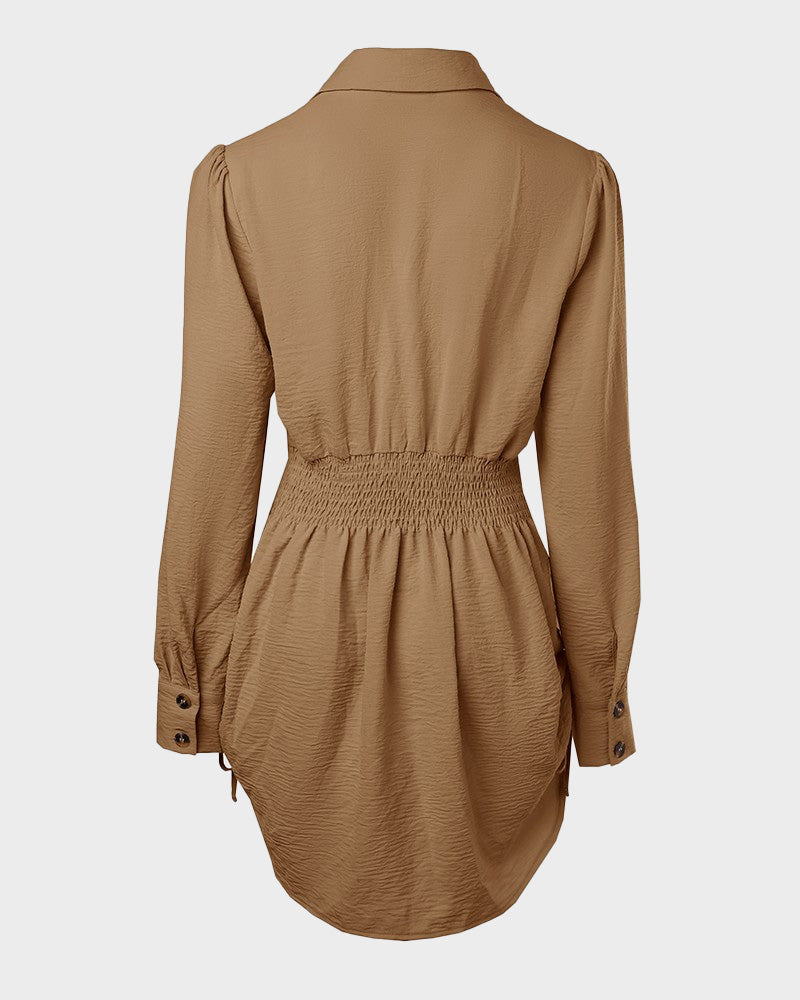 Long Sleeve Button Down Drawstring Shirt Dress