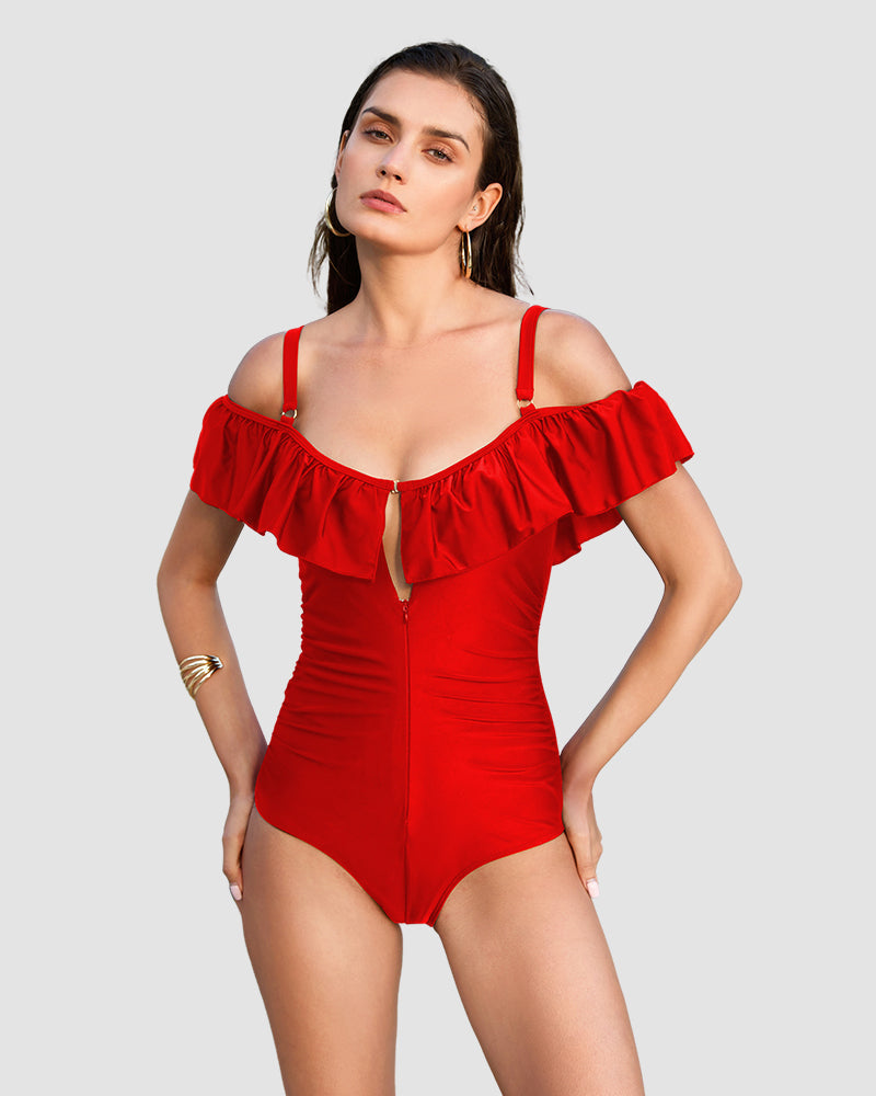 Drop-Shoulder Ruffled Zip-Front Shapewear Swimsuit Main image