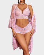 3-Piece Sheer Floral Lace Sleepwear Set
