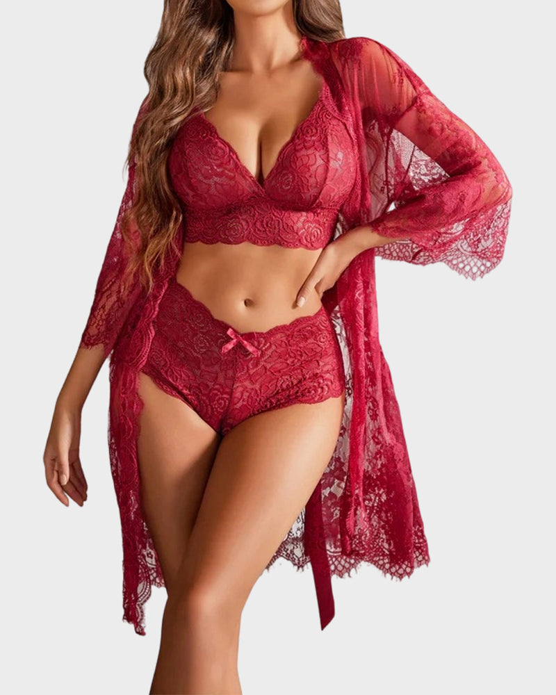 3-Piece Sheer Floral Lace Sleepwear Set