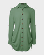 Long Sleeve Button Down Drawstring Shirt Dress