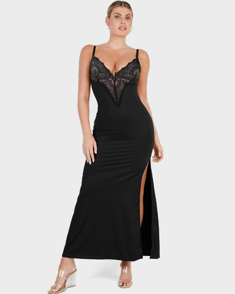 Deep-V Lace High-Slit Maxi Dress with Built-In Shapewear Main image