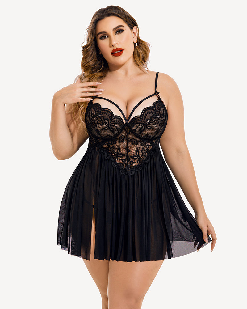 Plus Size V Neck Mesh Side Slit Babydolls Main image