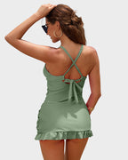 Deep V Cross-Back Ruched One-Piece Swimsuit
