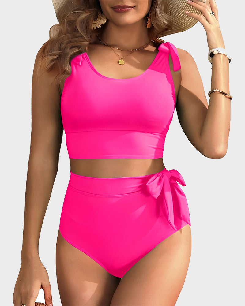 Double Tie Shoulder High Waist Tummy Control Bikini Set Main image