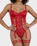 Faux Leather Lace Corset Bodysuit with Garter