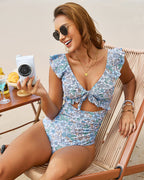 Floral Ruffle V-Neck Cutout One-Piece Swimsuit
