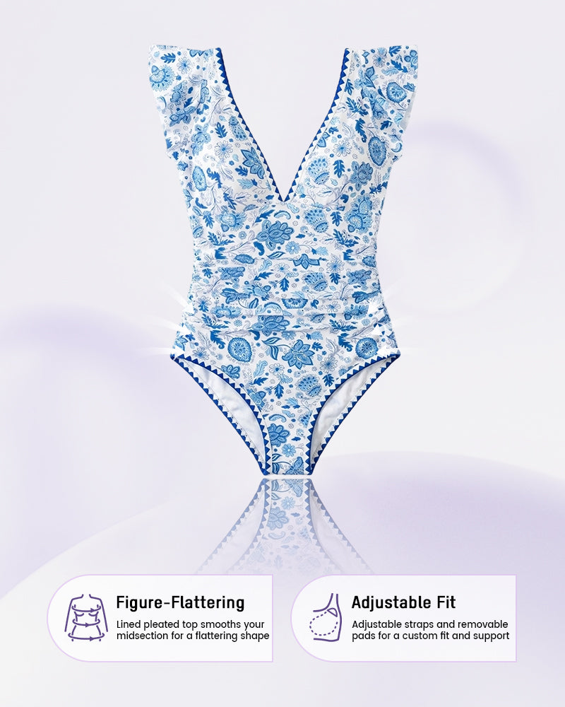 Floral V-Neck Tummy Control One-Piece Swimsuit