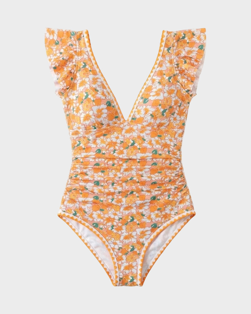 Floral V-Neck Tummy Control One-Piece Swimsuit