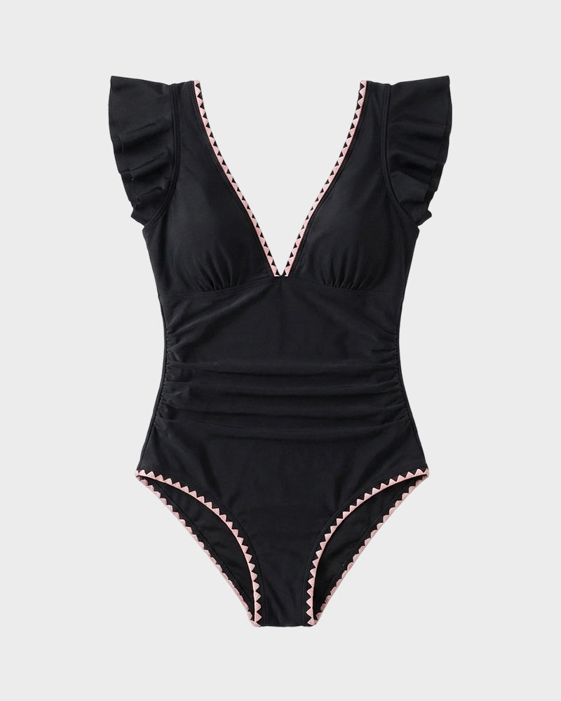 Floral V-Neck Tummy Control One-Piece Swimsuit
