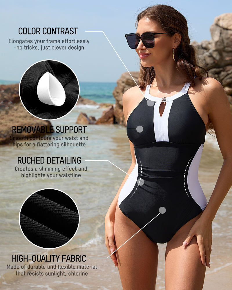 Full Coverage Retro Color Block Swimwear Secondary image