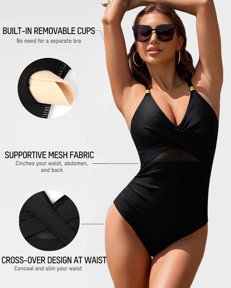 Metallic Accent Mesh Panel One-Piece Swimsuit Secondary image