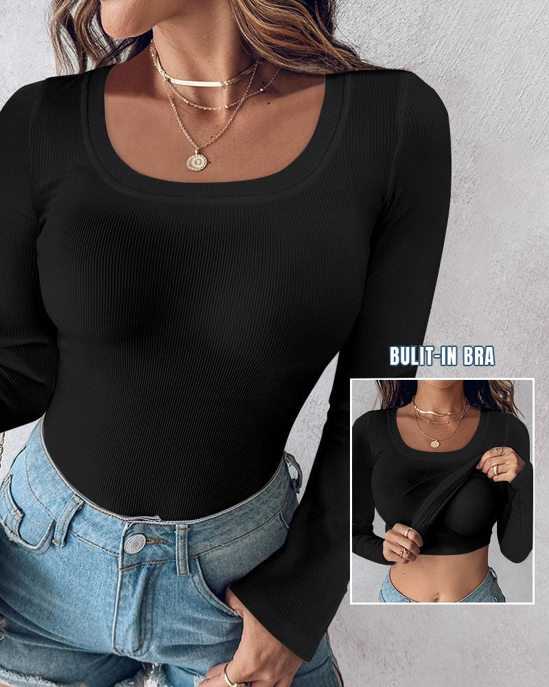 Long Sleeve Ribbed Fitted Top with Built-In Bra Main image