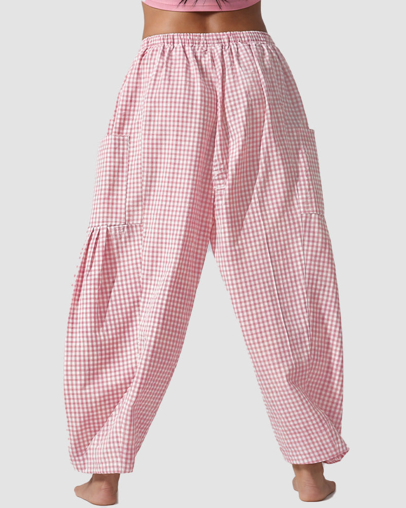 Plaid Wide-Leg Elastic Waist Pants