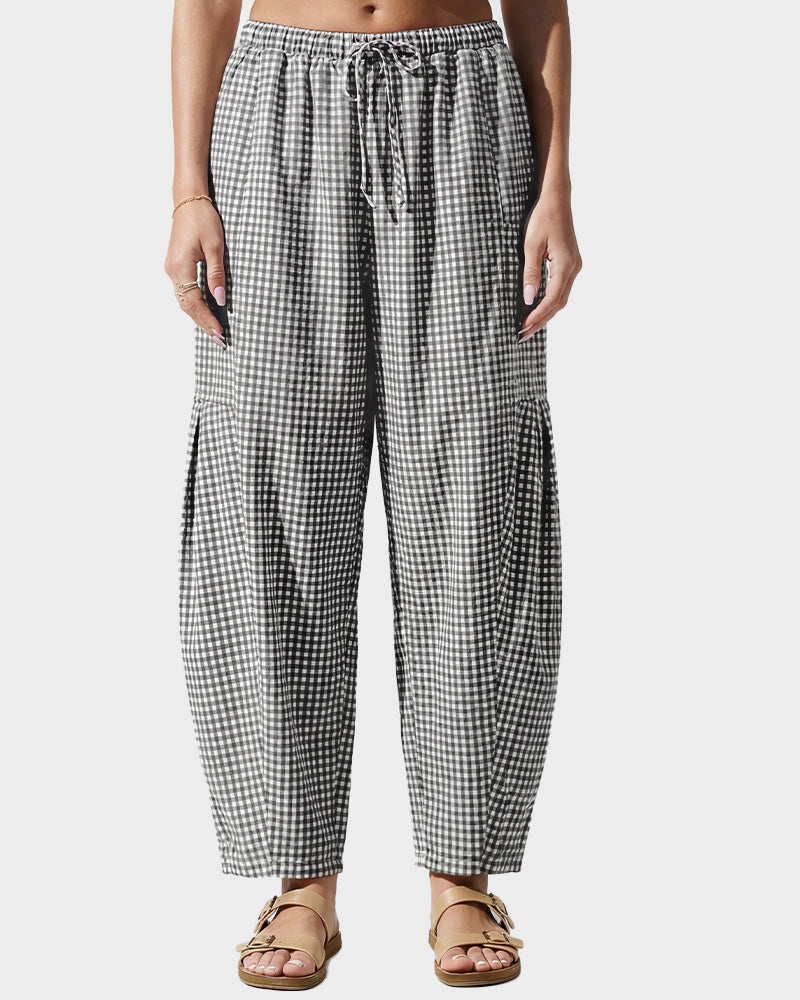 Plaid Wide-Leg Elastic Waist Pants
