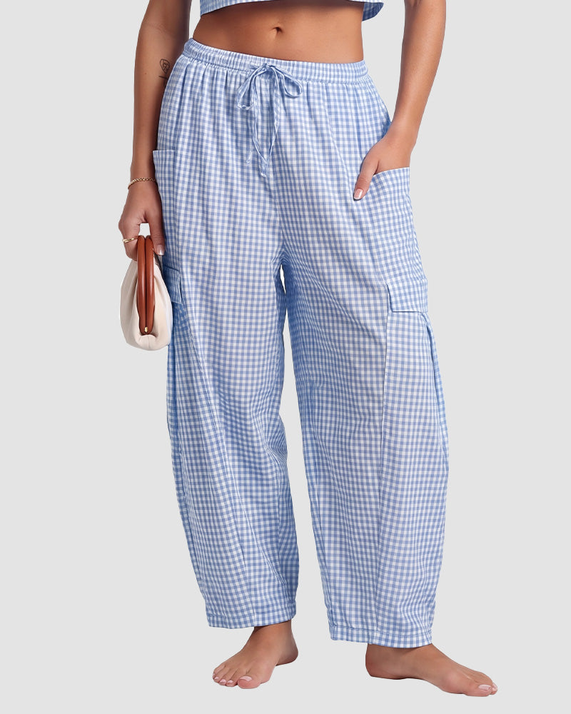 Plaid Wide-Leg Elastic Waist Pants