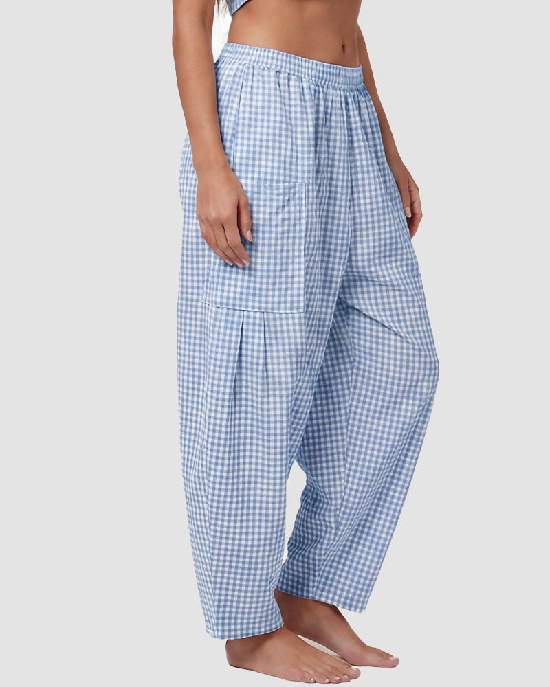 Plaid Wide-Leg Elastic Waist Pants