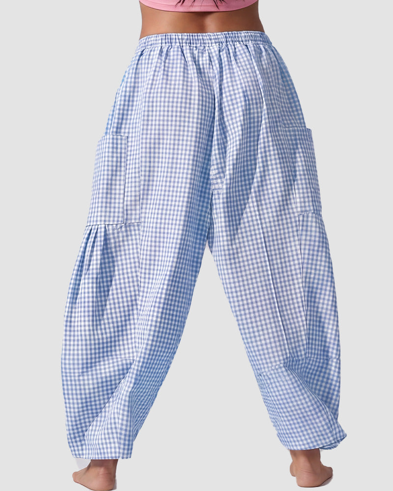 Plaid Wide-Leg Elastic Waist Pants
