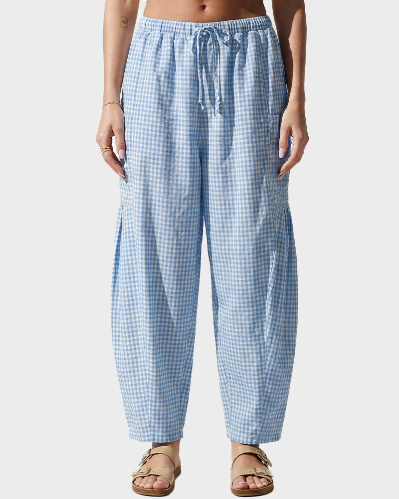 Plaid Wide-Leg Elastic Waist Pants