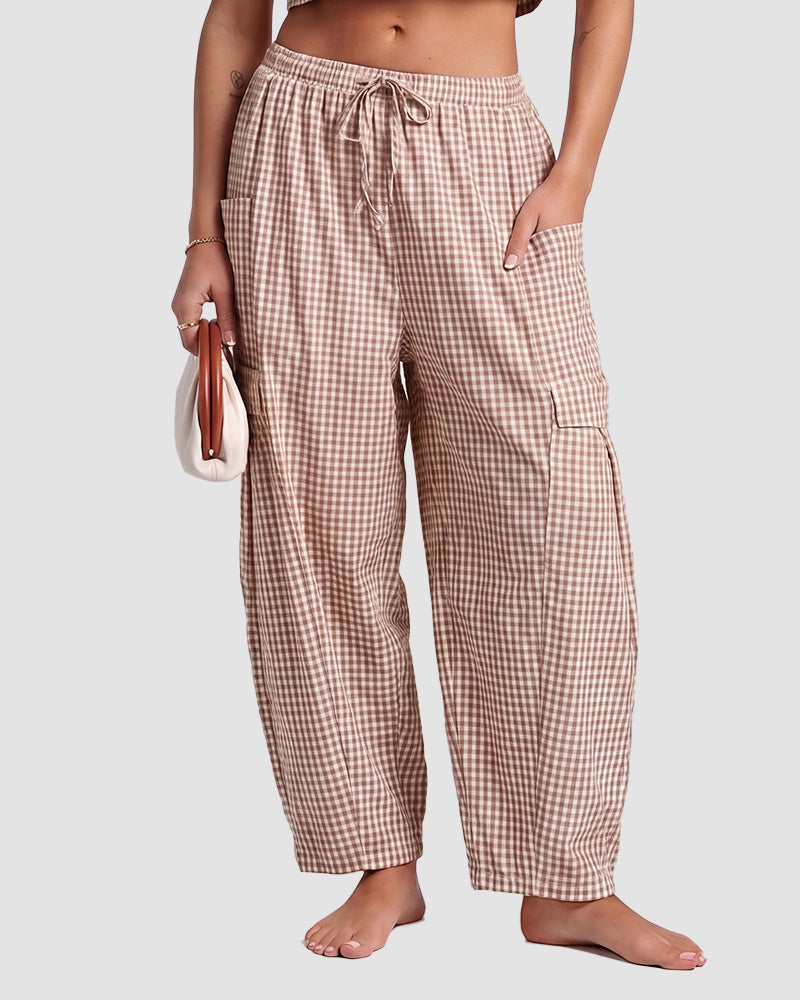 Plaid Wide-Leg Elastic Waist Pants