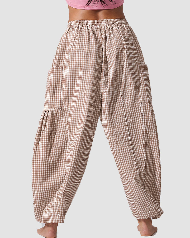 Plaid Wide-Leg Elastic Waist Pants