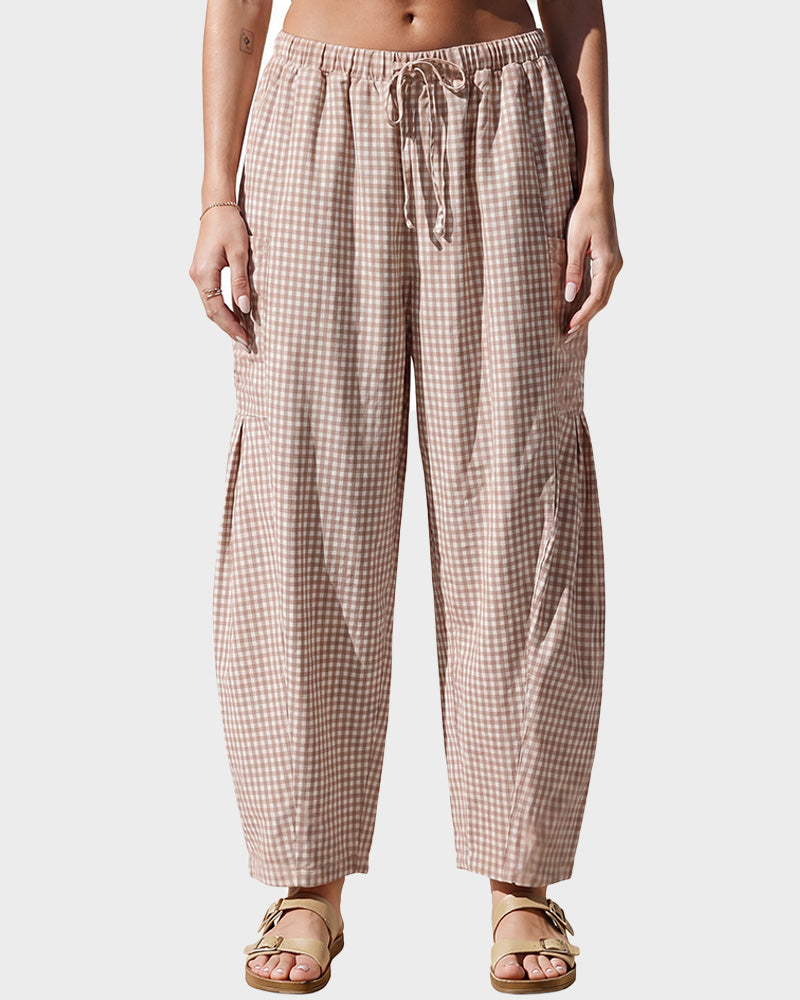 Plaid Wide-Leg Elastic Waist Pants