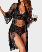 3-Piece Sheer Floral Lace Sleepwear Set