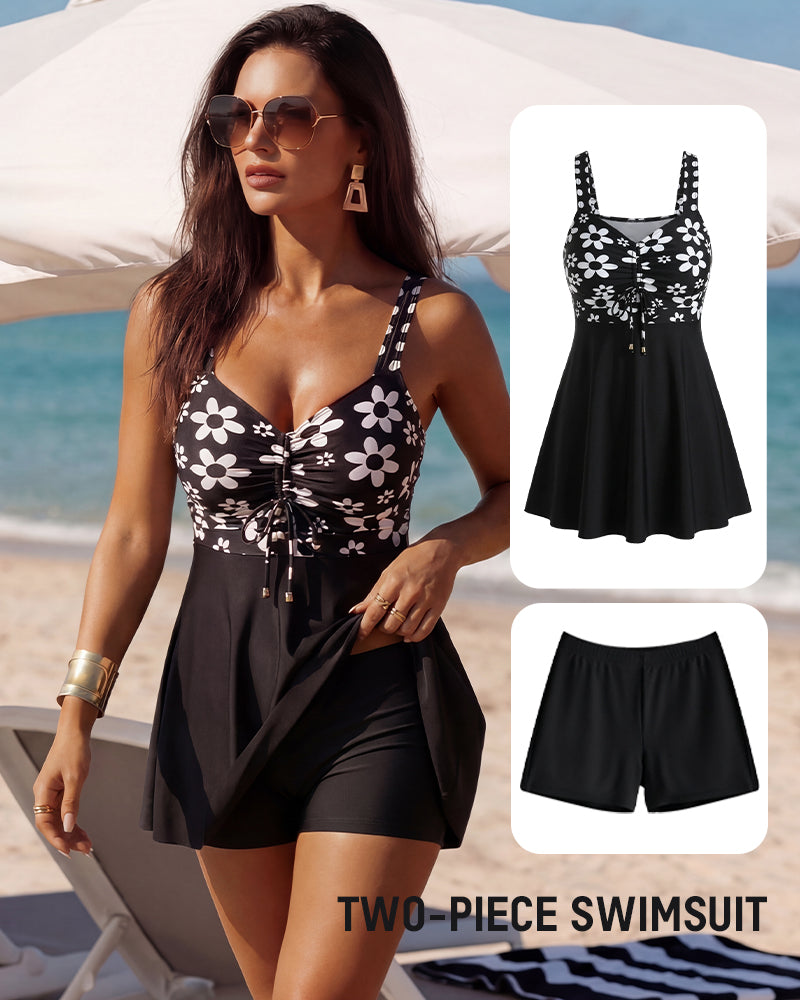 Sleeveless Floral Swimdress & Bottom Set with Adjustable Bust Tie