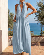Slimming Flowy Halter Maxi Dress with Pockets