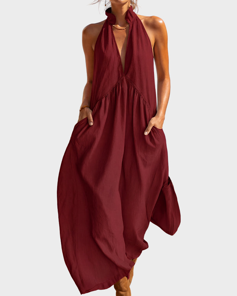 Slimming Flowy Halter Maxi Dress with Pockets
