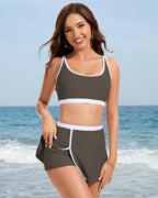 Sporty Color Block Side Slit Skirted Bikini Set