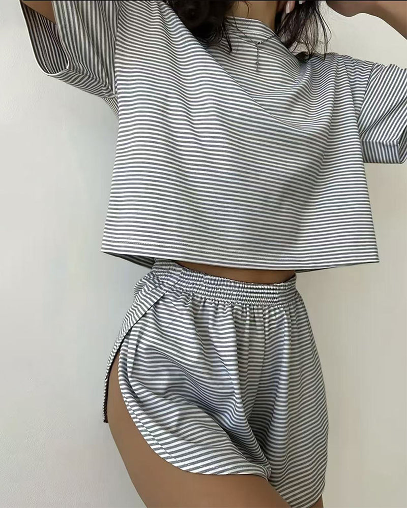 Women Striped Crop Pajama Loungewear Set Main image