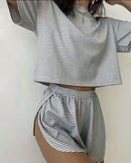Women Striped Crop Pajama Loungewear Set