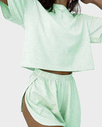 Women Striped Crop Pajama Loungewear Set