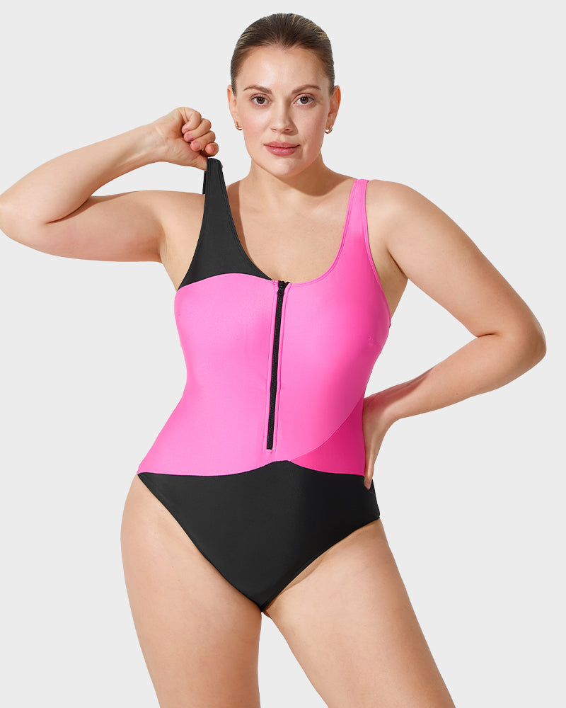Trendy Color-Blocked Front Zip Tank Swimsuit Main image