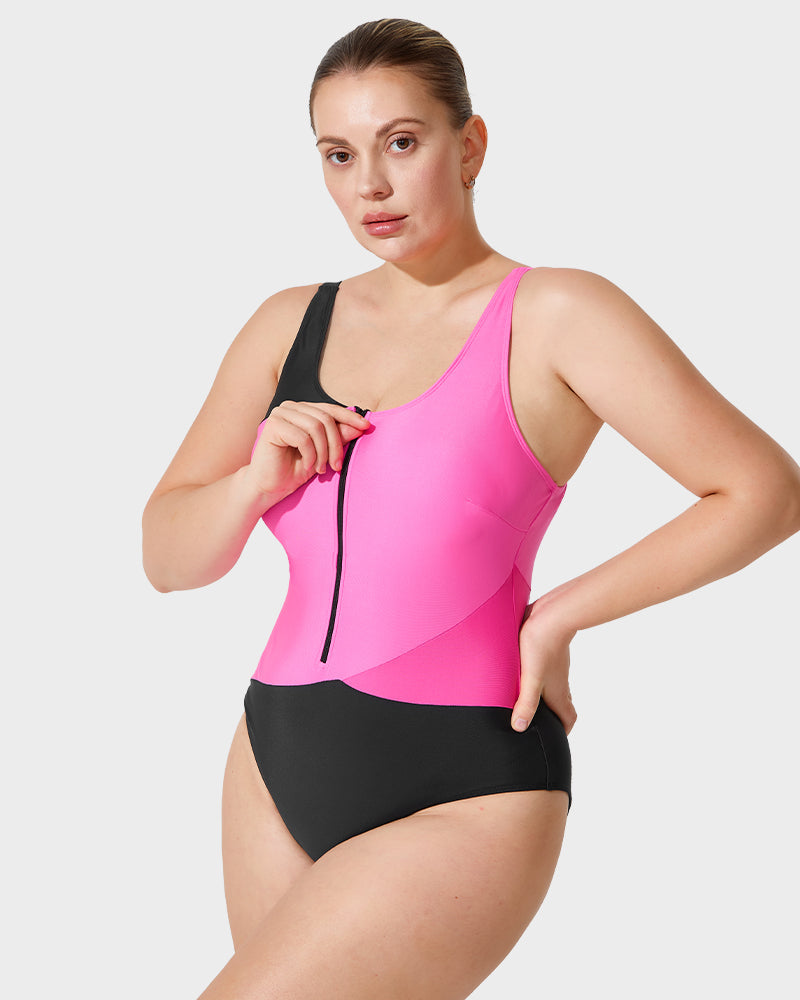 Trendy Color-Blocked Front Zip Tank Swimsuit Secondary image
