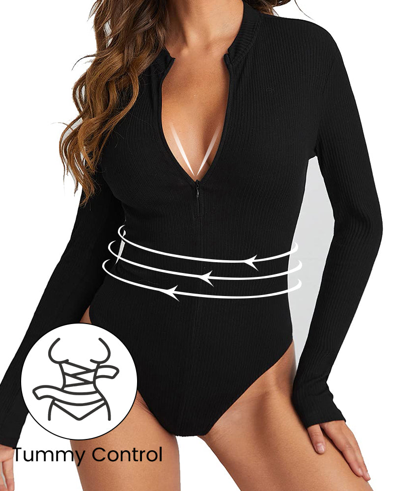 Ribbed Long Sleeve Half-Zip Shaping Bodysuit Secondary image