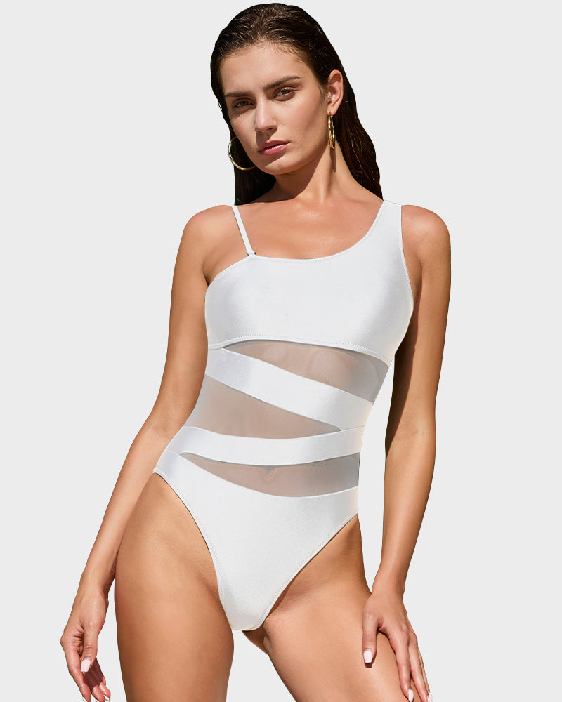 One Shoulder Mesh Insert High Cut One-Piece Swimsuit Main image